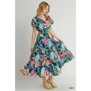 UMGEE S Flutter BRIGHT colorful floral maxi dress v neck EUC whimiscal girly